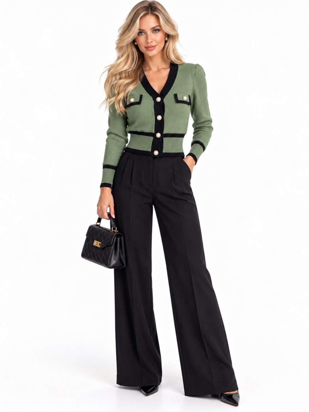 Alice + Olivia Green & Black Knit Cardigan